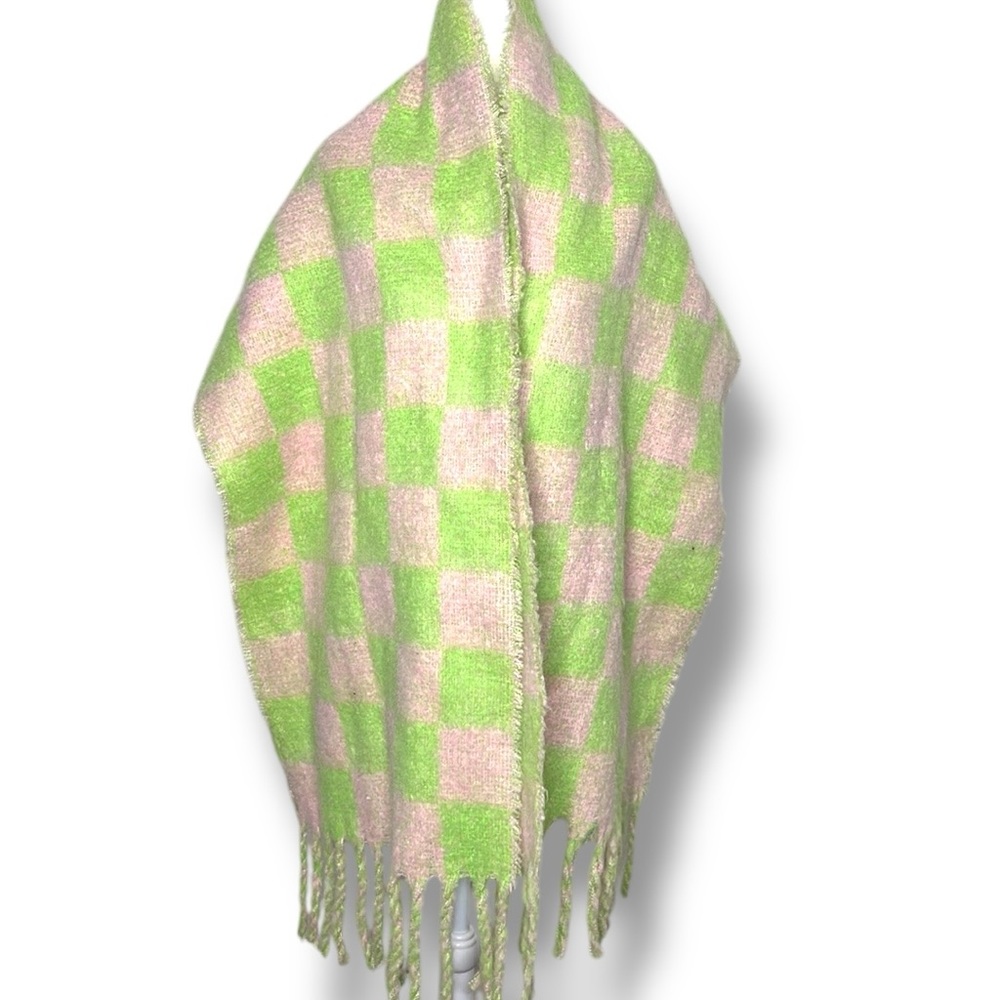 Green & Pink Checkered Oversized Fuzzy Blanket Scarf Shawl with Fringe